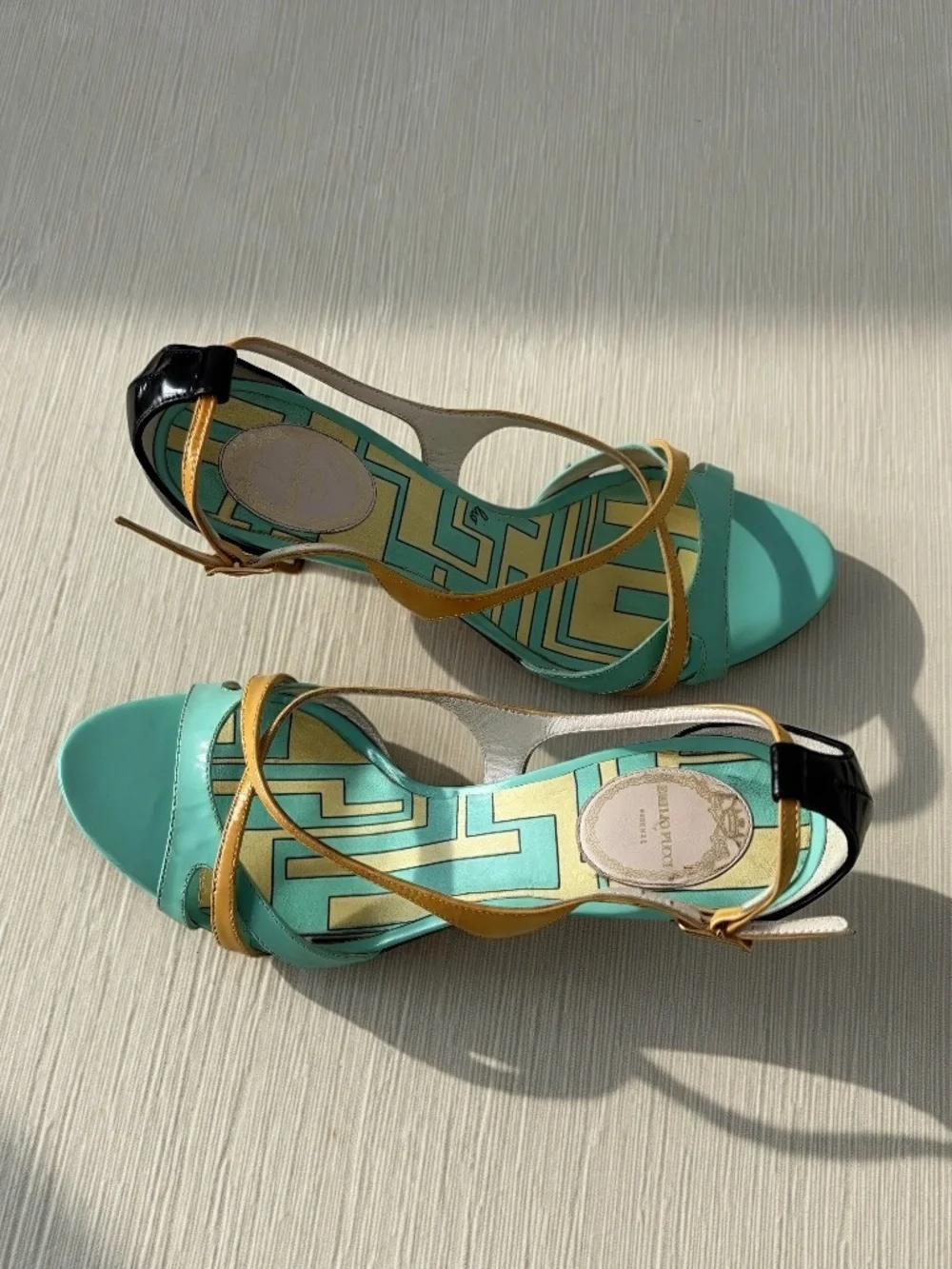 Emilio Pucci Archive Turquoise Gold Leather Sandals EU 36.5 Italy Y2K